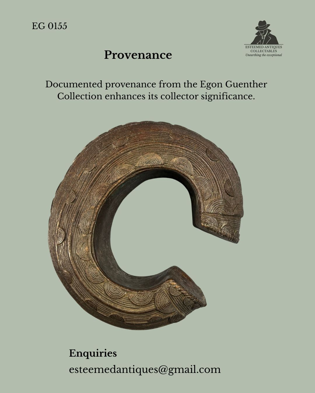 Provenance presentation image showing a Baoulé cast bronze open anklet with incised concentric decorative motifs from Côte d'Ivoire, documenting its provenance from the Egon Guenther Collection and illustrating the object against a neutral background.