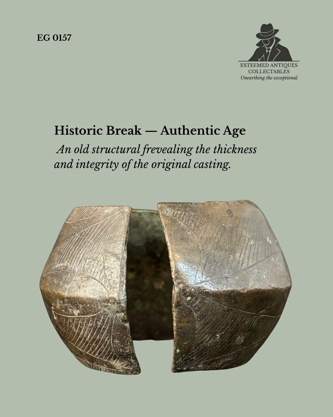 Detail view of a Baoulé cast brass anklet from Côte d'Ivoire showing an old structural break that reveals the wall thickness and integrity of the original lost-wax casting, with incised geometric decoration and green patina from the Egon Guenther Collection.