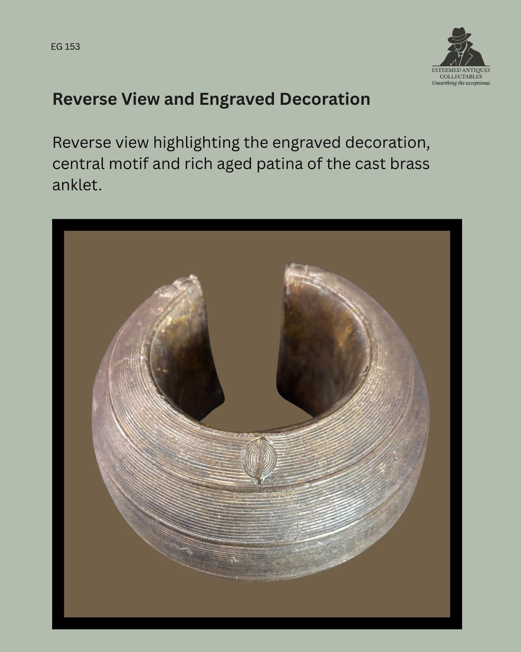 Reverse view of a Baoulé cast brass anklet from Côte d'Ivoire showing finely engraved concentric decoration, a central engraved motif, an open cuff form, and a rich aged patina, from the Egon Guenther Collection.