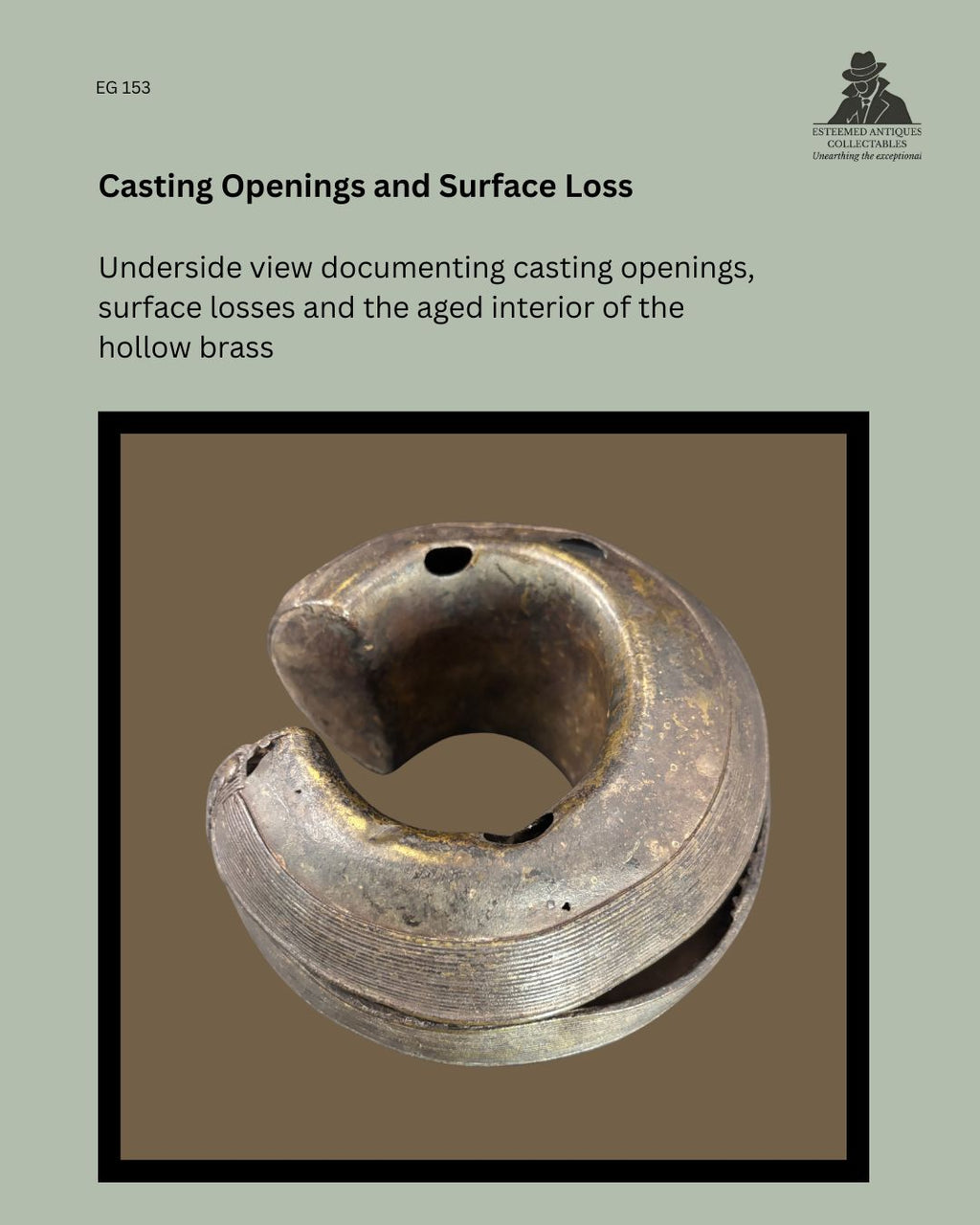 Underside view of a Baoulé cast brass open cuff anklet from Côte d'Ivoire, showing the hollow interior, original casting openings, surface losses, wear consistent with age, and concentric decorative bands, from the Egon Guenther Collection.