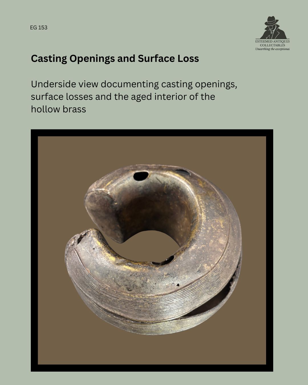 Underside view of a Baoulé cast brass open cuff anklet from Côte d'Ivoire, showing the hollow interior, original casting openings, surface losses, wear consistent with age, and concentric decorative bands, from the Egon Guenther Collection.