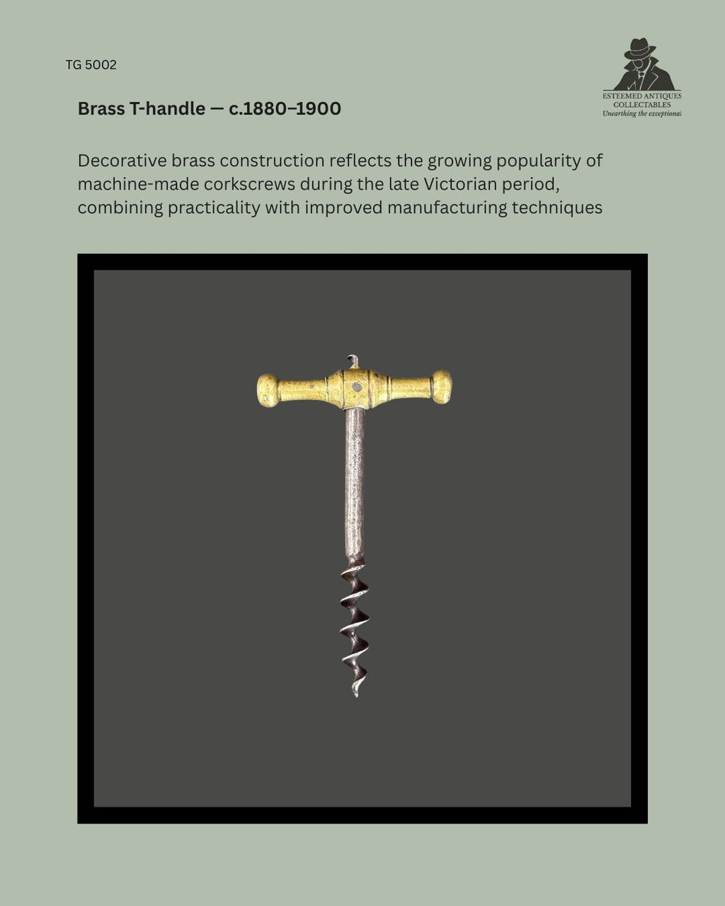 Late Victorian straight-pull corkscrew with a cast brass T-handle and steel worm, dating to approximately 1880–1900. An example of the growing popularity of machine-made brass corkscrews during the late nineteenth century from the Thomas Guenther Collection.