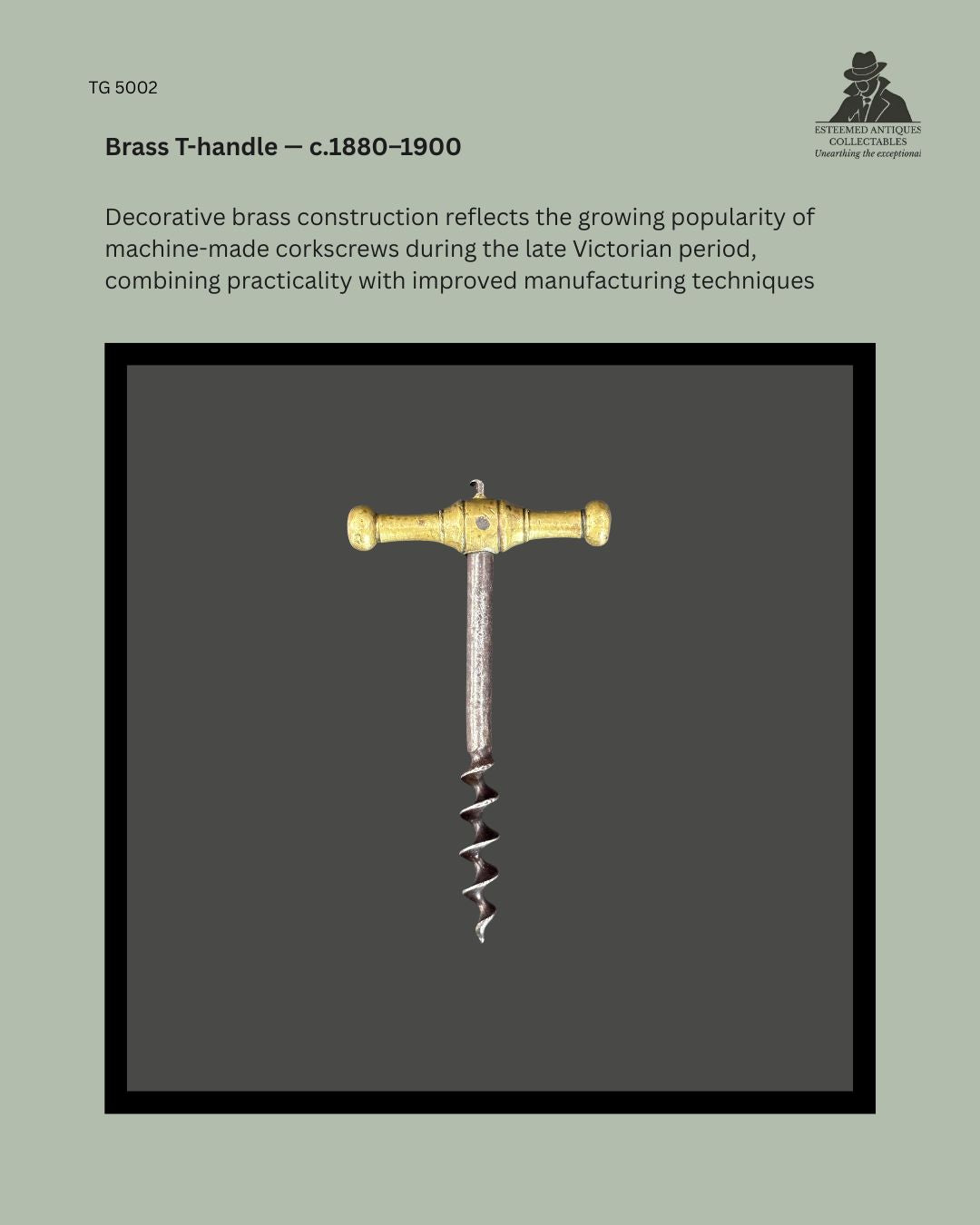 Late Victorian straight-pull corkscrew with a cast brass T-handle and steel worm, dating to approximately 1880–1900. An example of the growing popularity of machine-made brass corkscrews during the late nineteenth century from the Thomas Guenther Collection.