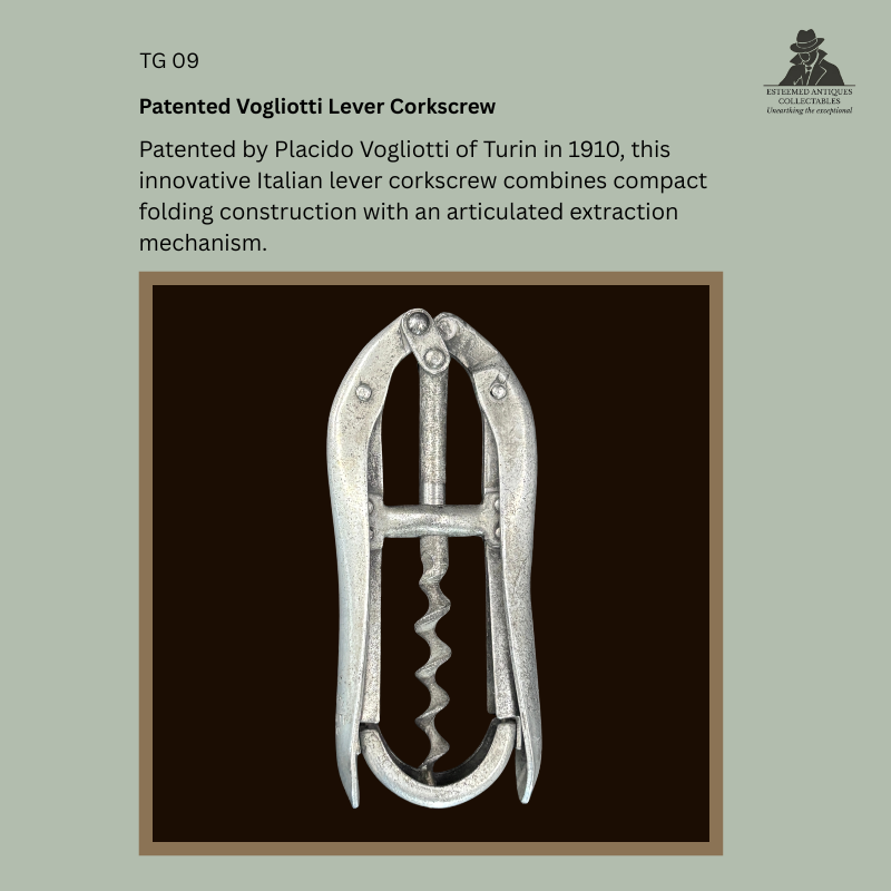 Front view of a Brevetti Vogliotti double lever corkscrew, manufactured in Turin, Italy, circa 1910–1925, in cast aluminium with a steel worm, illustrating Placido Vogliotti's patented articulated folding extraction mechanism from the Thomas Guenther Collection.