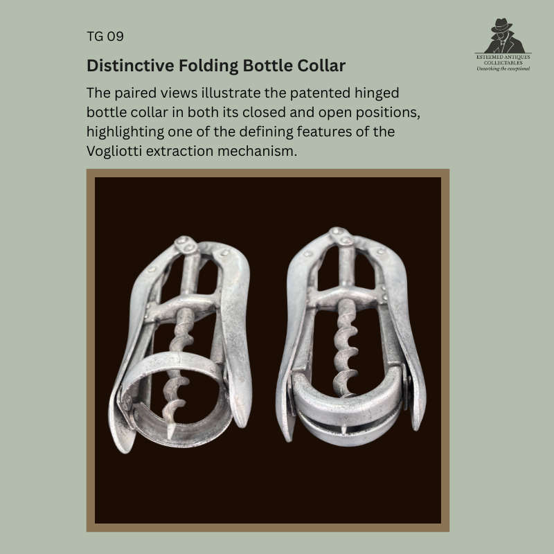 Paired front views of a Brevetti Vogliotti double-lever corkscrew showing the patented hinged aluminium bottle collar in both open and closed positions, illustrating the distinctive extraction mechanism, Italy, c.1910–1925, Thomas Guenther Collection.