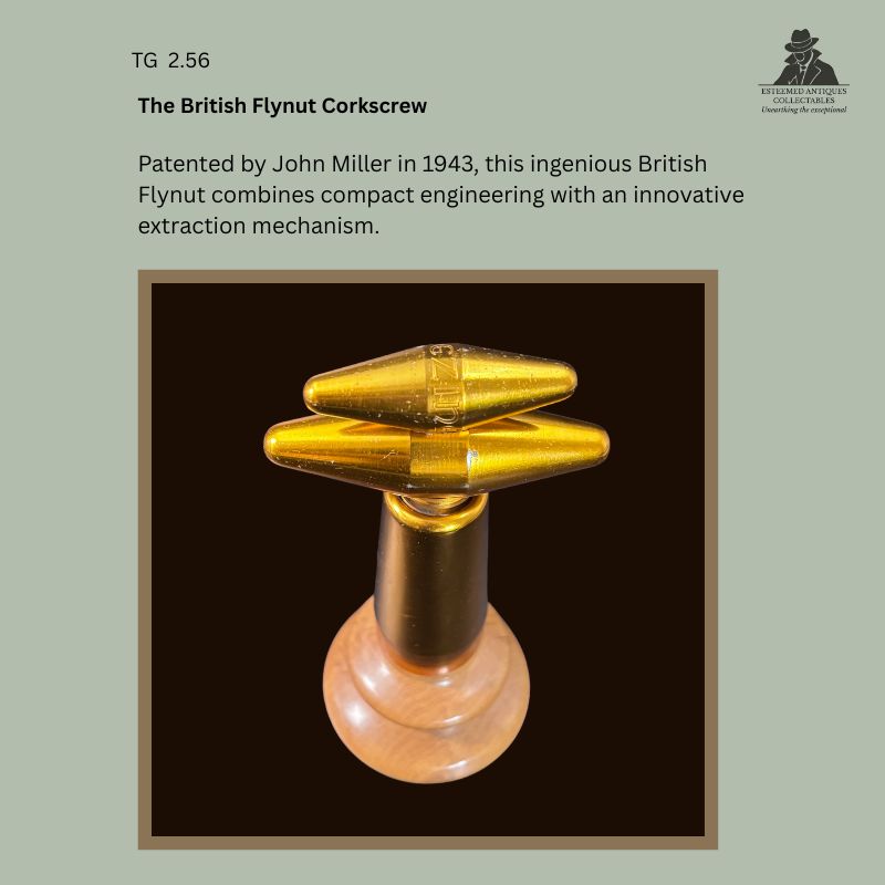 British Flynut corkscrew patented by John Miller, made in England, c.1949–1955, showing the distinctive aluminium Flynut handle with steel worm in the Thomas Guenther Collection.