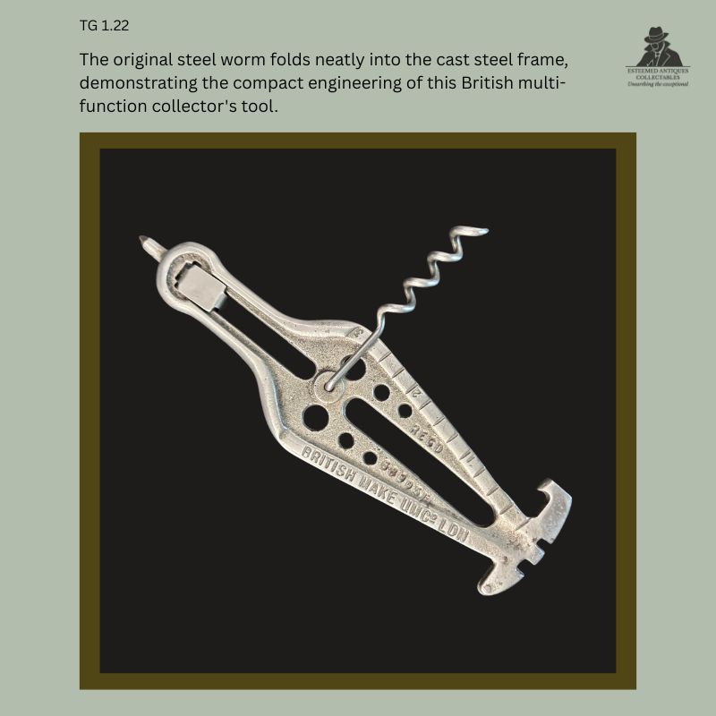 Open view of a British UMC cast steel folding utility corkscrew showing the original folding worm, cap lifter, frame construction, and stamped British manufacturing marks, illustrating the compact multi-function engineering of this collector's tool.