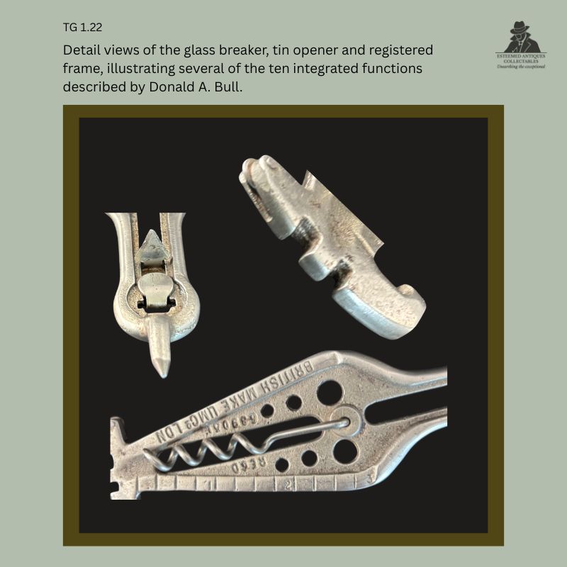 Close-up detail of a British UMC multifunction utility tool showing the integrated glass breaker, tin opener and registered steel frame with corkscrew mechanism, illustrating several of the patented functions incorporated into this collector-grade pocket tool.