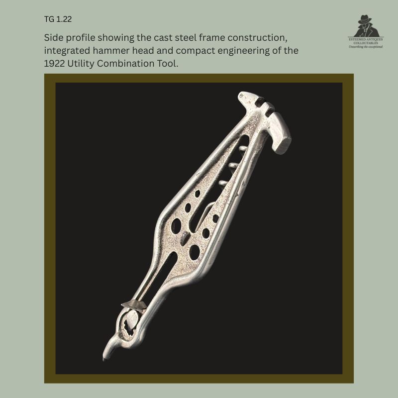 Side profile of a British UMC Utility Combination Tool, showing the cast steel openwork frame, integrated hammer head, folding corkscrew worm, and compact multi-function engineering, circa 1922.