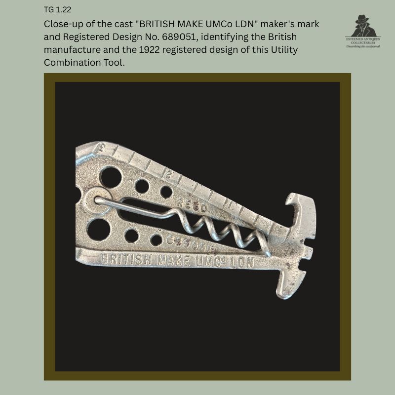 Close-up of the cast maker's mark reading "BRITISH MAKE UMCo LDN" and Registered Design No. 689051 on a British UMC Utility Combination Tool, showing the integrated corkscrew, measurement graduations, and identifying markings associated with the 1922 registered design.