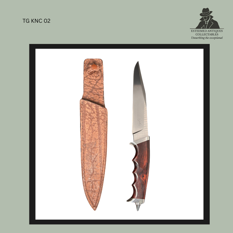 Handmade fixed-blade hunting knife by Burger with a polished steel blade, sculpted dark hardwood finger-groove handle, metal bolsters and original brown leather sheath, shown together in a studio presentation.