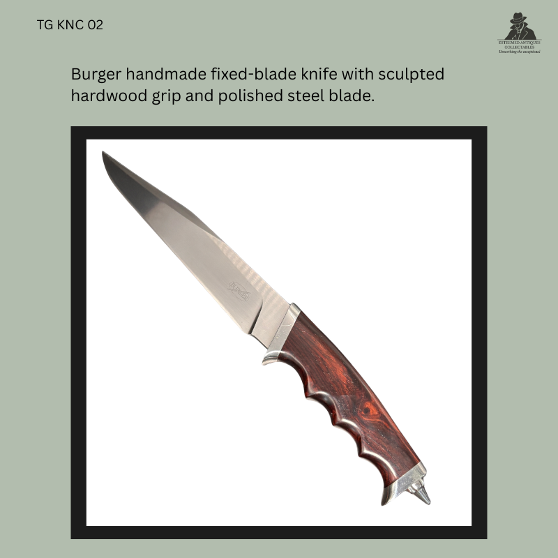 Burger handmade fixed-blade knife with a polished steel drop-point blade, sculpted hardwood finger-groove grip, stainless steel guard, and pointed metal pommel, photographed against a white background from the Thomas Guenther Collection.