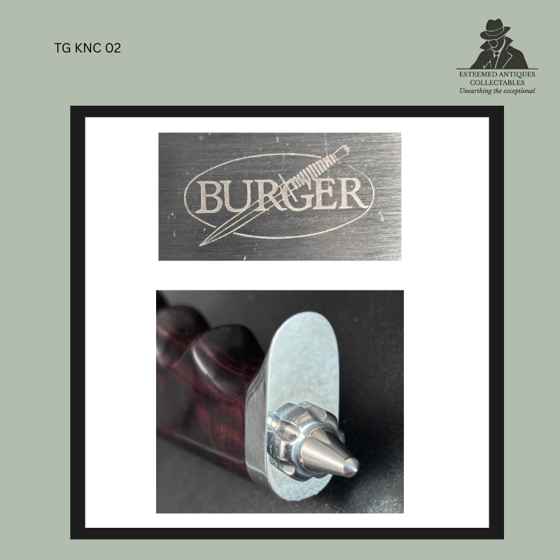 Close-up detail showing the engraved BURGER knife maker's mark together with the polished threaded pommel assembly and hardwood handle of a handmade South African fixed-blade hunting knife.
