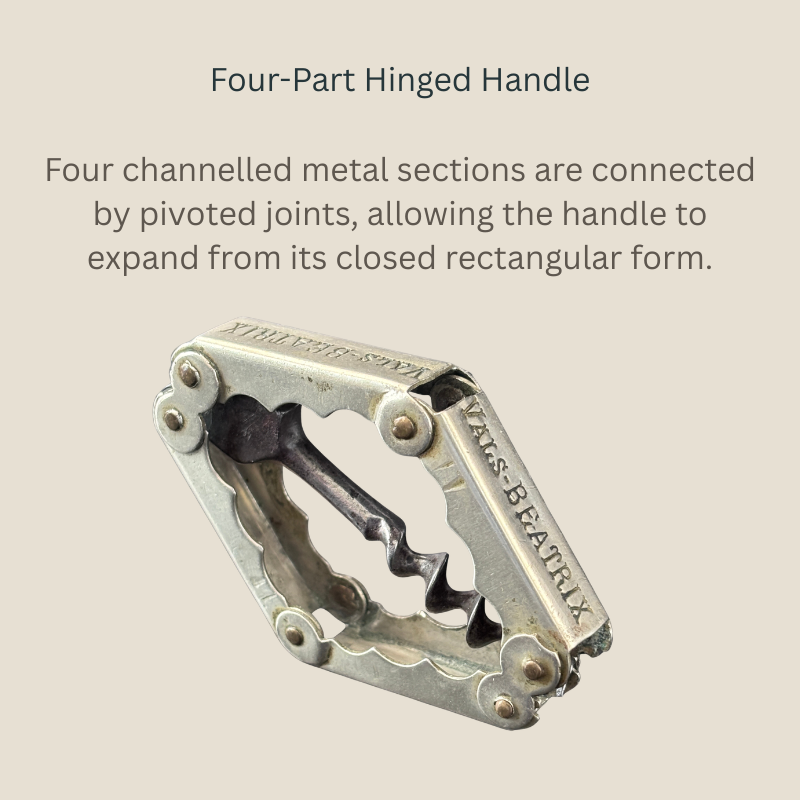 Detail of the Carl Hollweg collapsing corkscrew showing its rectangular four-part channeled metal handle, pivoted corner joints and engraved VALS-BÉATRIX advertising mark.