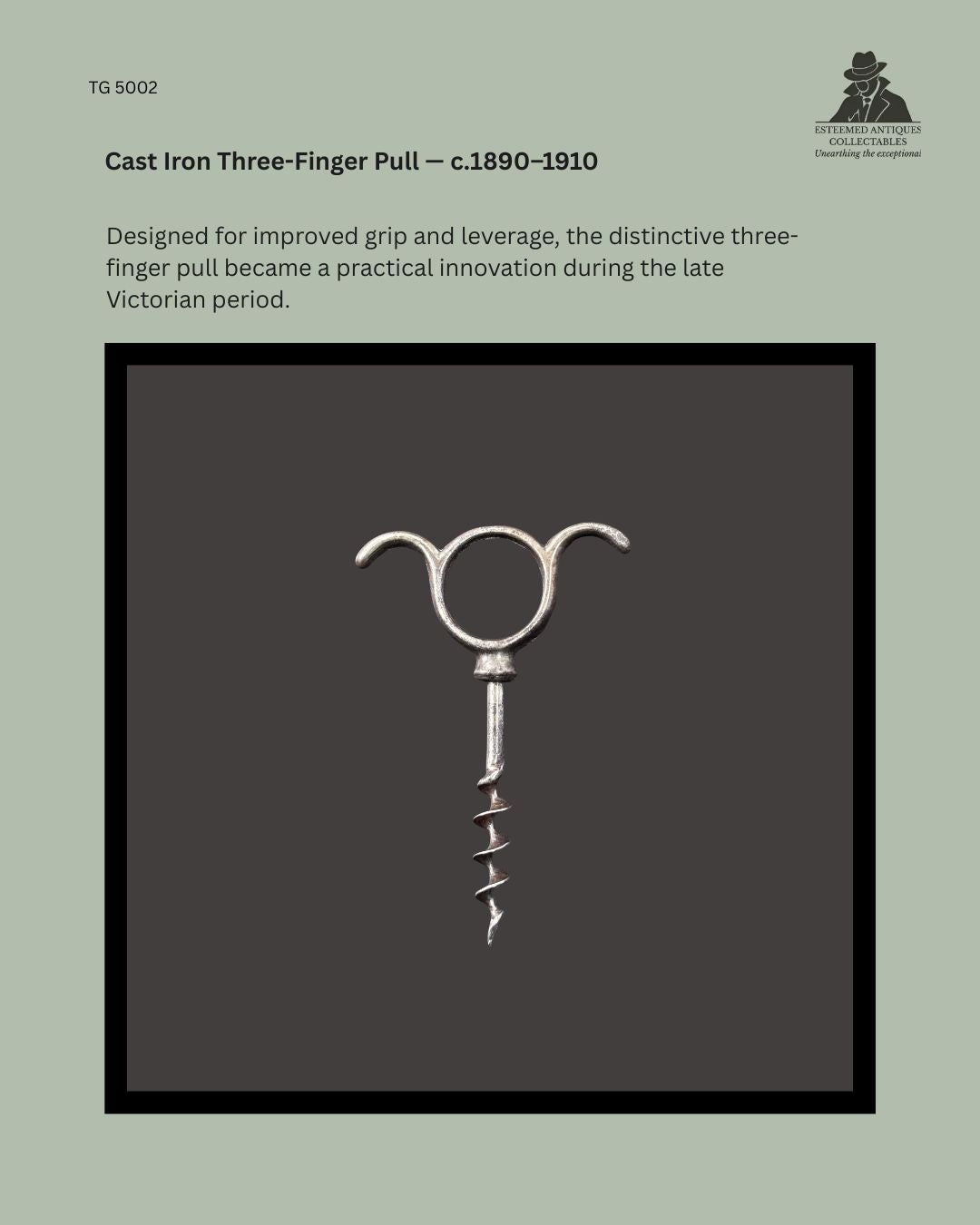 Cast iron three-finger pull corkscrew with circular finger ring and opposing grip extensions, dating to the late Victorian period, c.1890–1910. This practical straight-pull design provided improved leverage and control during cork extraction and forms part of the Thomas Guenther Collection.