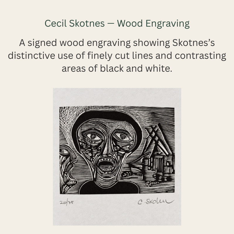 Cecil Skotnes black-and-white wood engraving showing a frontal face, a partial profile at left and angular buildings at right, numbered 20/75 and signed below.