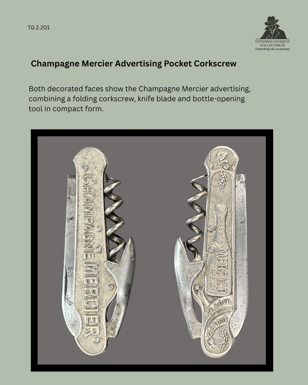 Champagne Mercier French advertising pocket corkscrew by Sauzède, shown from both decorated sides with folding steel worm, knife blade and bottle-opening tool, early 20th century.