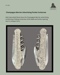 Champagne Mercier French advertising pocket corkscrew by Sauzède, shown from both decorated sides with folding steel worm, knife blade and bottle-opening tool, early 20th century.