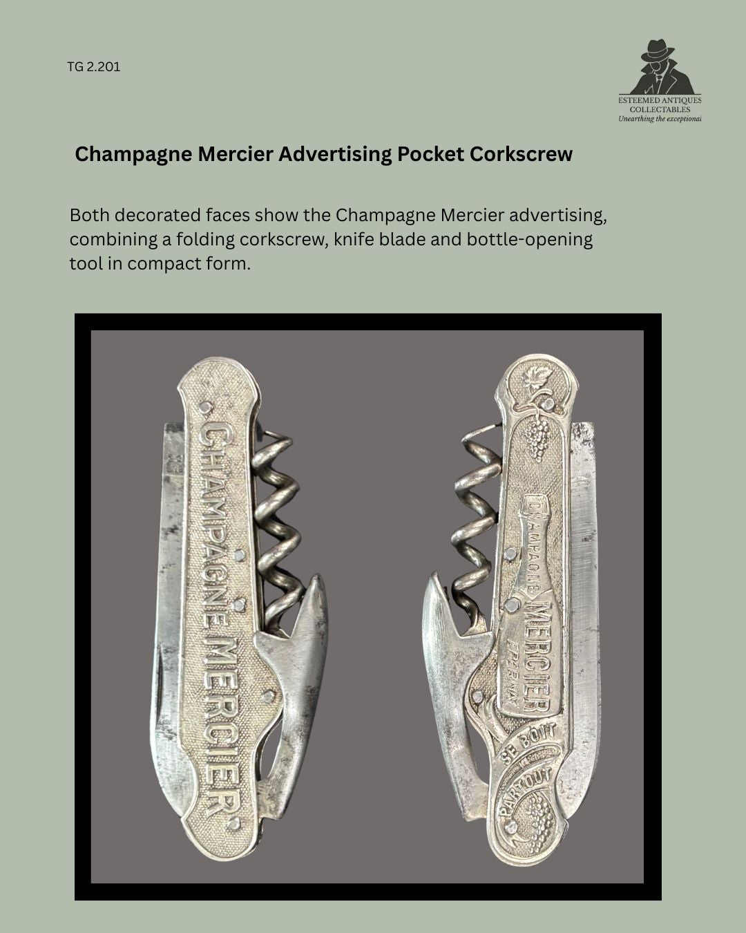 Champagne Mercier French advertising pocket corkscrew by Sauzède, shown from both decorated sides with folding steel worm, knife blade and bottle-opening tool, early 20th century.