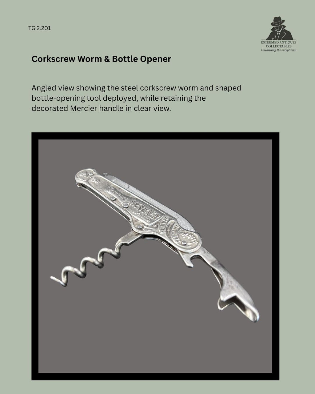 Angled view of the Champagne Mercier advertising pocket corkscrew with steel worm and shaped bottle opener deployed, showing the decorated metal handle.