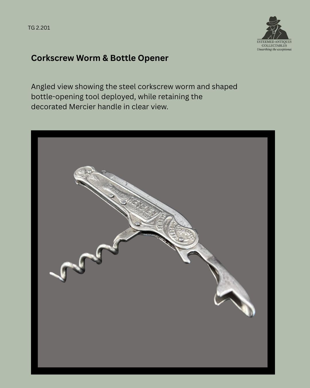 Angled view of the Champagne Mercier advertising pocket corkscrew with steel worm and shaped bottle opener deployed, showing the decorated metal handle.