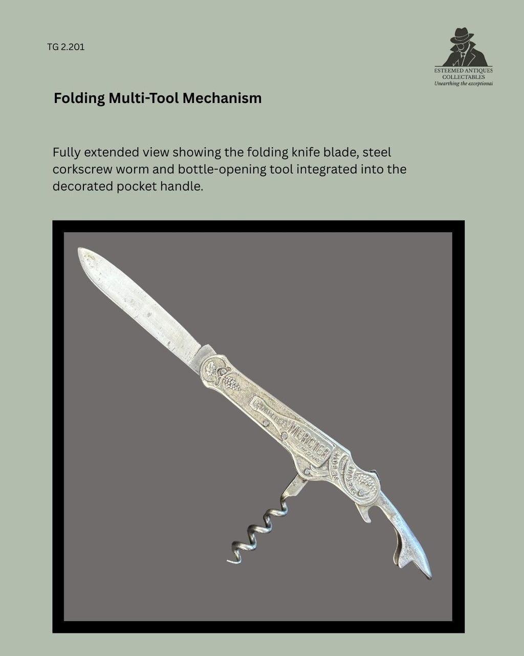 Fully extended Champagne Mercier advertising pocket corkscrew marked VERITABLE SAUZEDE, showing the folding steel knife blade, corkscrew worm and bottle-opening tool integrated into the decorated metal handle.