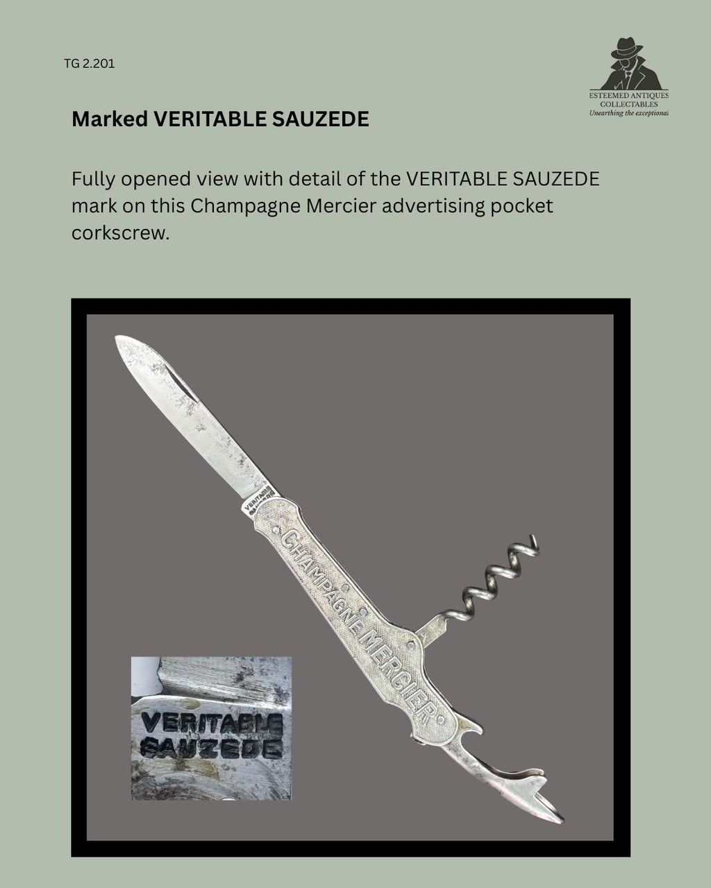 Fully opened Champagne Mercier advertising pocket corkscrew showing the folding steel worm, knife blade and cap opener, with inset detail of the VERITABLE SAUZEDE maker’s mark.
