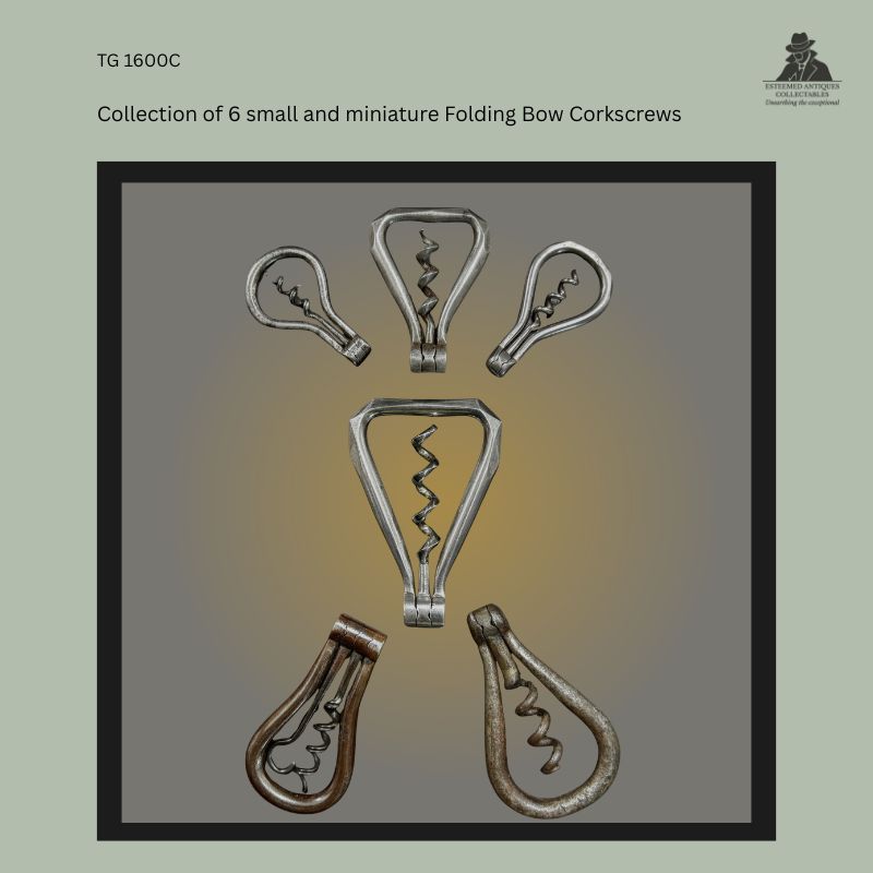 Group of six small and miniature folding bow corkscrews in steel and mixed-metal construction, including wire-frame and forged examples with folding worms, arranged for comparative study of pocket corkscrew forms from Europe, late 19th to early 20th century, from the Thomas Guenther Collection.