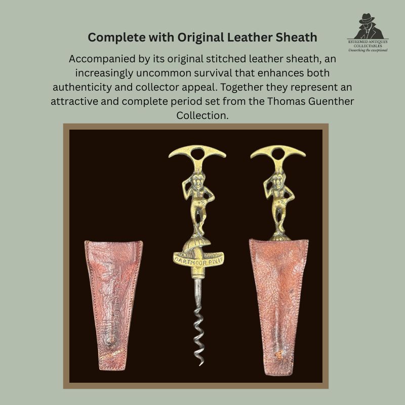 Dartmoor Pixie figural straight pull corkscrew in cast brass with steel worm, shown alongside its original stitched leather sheath from both front and reverse, England, circa 1905–1925, Thomas Guenther Collection.