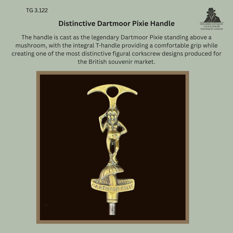 Close-up detail of the cast brass handle of a Dartmoor Pixie figural straight-pull corkscrew, depicting the standing pixie above a mushroom with the integral T-handle and raised "Dartmoor Pixie" lettering, British, circa 1905–1925.