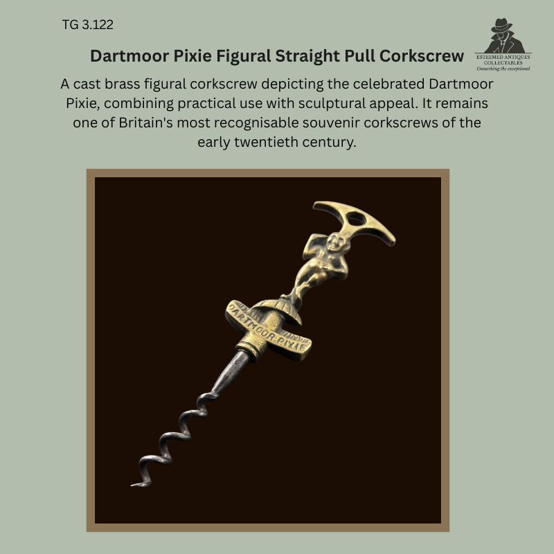 Cast brass Dartmoor Pixie figural straight-pull corkscrew with integral T-handle inscribed "DARTMOOR PIXIE", steel worm, and reclining pixie figure forming the handle, England, c.1905–1925, from the Thomas Guenther Collection.