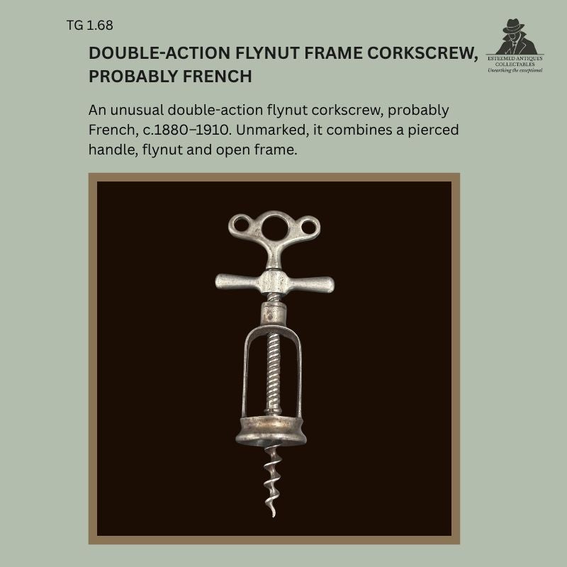 Catalogue panel showing TG 1.68, an unmarked nickel-plated steel double-action flynut frame corkscrew, probably French, c.1880–1910, with pierced handle, open frame, threaded shaft and helix.