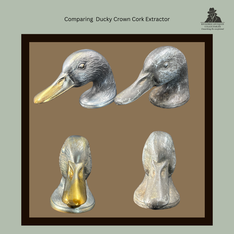 Comparative study showing front and three-quarter views of two French Ducky duck-head crown cork extractors, with an early Kirkby Beard & Co Paris example alongside a later Ducky Paris version.