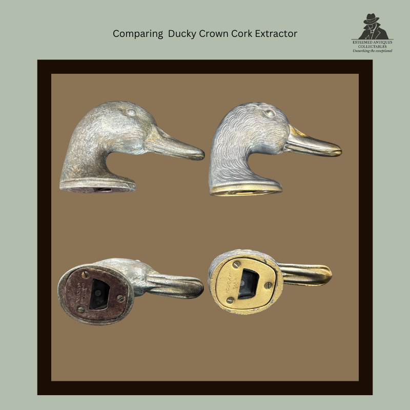 Side-by-side views of an early and later Ducky crown cork extractor, with underside views showing the differing crown cork extraction slots and mechanisms.