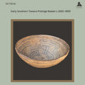 Early Southern Tswana prestige basket hand woven using the traditional coiling technique with natural plant fibres and muted blue-grey geometric decoration, shown in an angled overview highlighting the shallow bowl form and finely stitched construction, Botswana or South Africa, c.1930–1955, Egon Guenther Collection provenance.