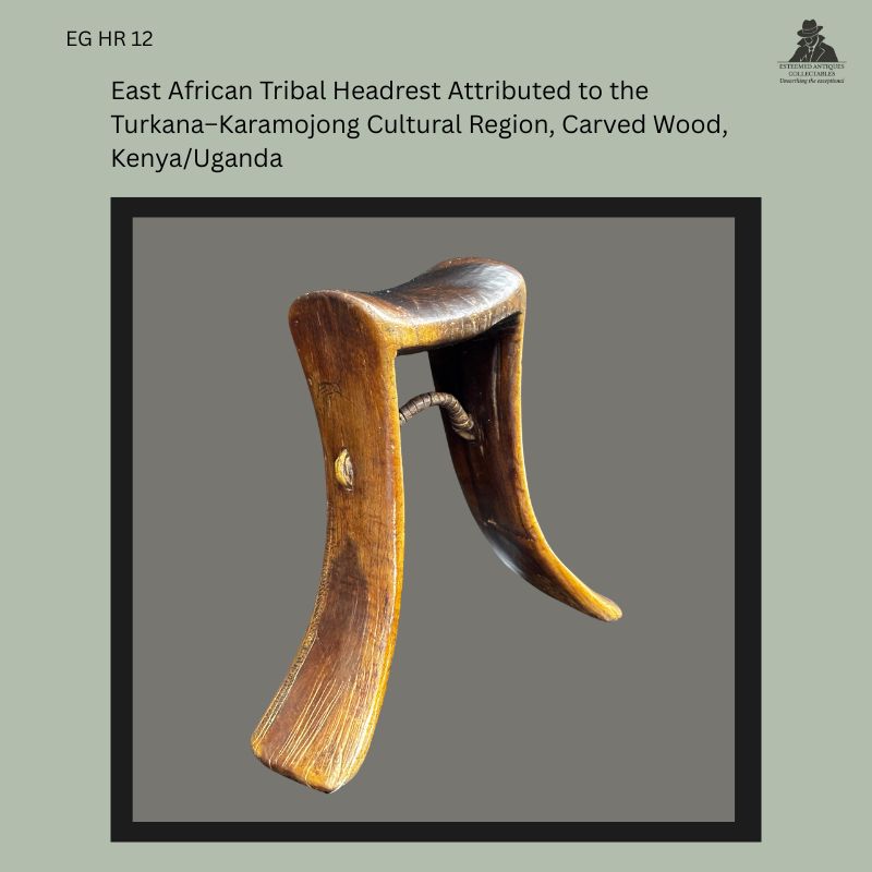 East African carved wooden headrest attributed to the Turkana–Karamojong cultural region of Kenya and Uganda, formed with a curved rectangular head support and two tapering legs joined by a wrapped metal stabilising element, from the Egon Guenther Collection.