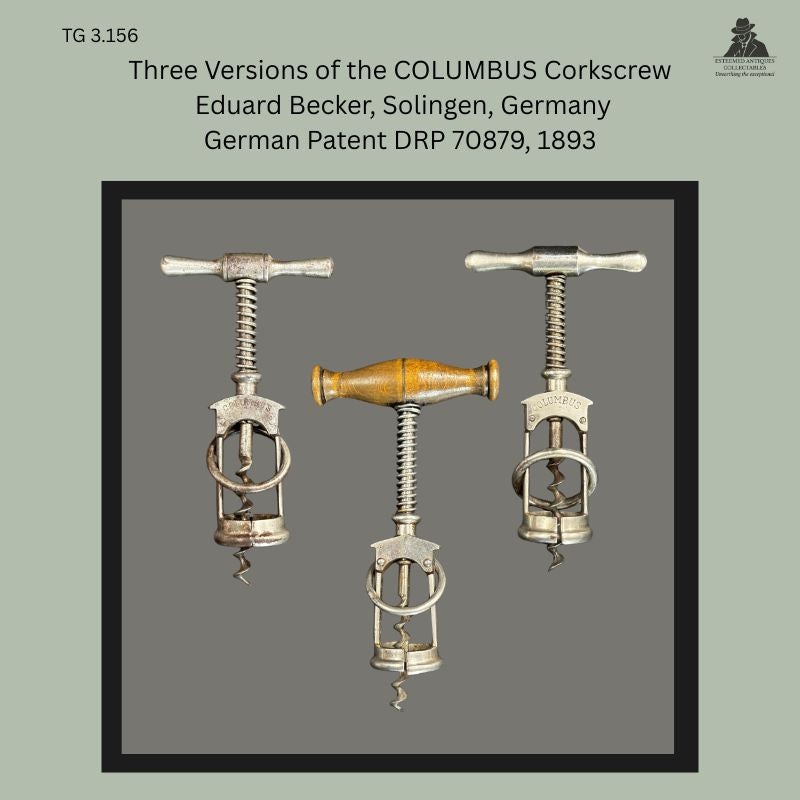 Group presentation showing three versions of the Columbus frame corkscrew patented by Eduard Becker of Solingen, Germany, including two metal-handled examples and one wooden-handled example, illustrating variations of German Patent DRP 70879 introduced in 1893.