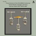 Group presentation showing three versions of the Columbus frame corkscrew patented by Eduard Becker of Solingen, Germany, including two metal-handled examples and one wooden-handled example, illustrating variations of German Patent DRP 70879 introduced in 1893.