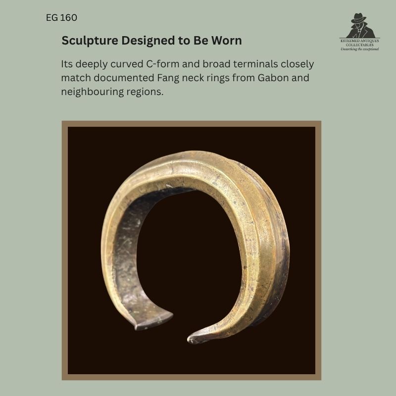 Catalogue panel showing EG 160, a solid-cast copper-alloy Fang neck torque from Gabon, with a deeply curved C-form, broad terminals and visible aged surface patina.