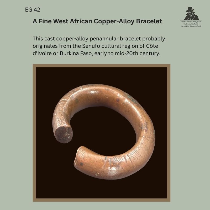 Catalogue panel showing EG 42, a cast copper-alloy penannular bracelet probably from the Senufo cultural region of Côte d’Ivoire or Burkina Faso, dating to the early to mid-20th century.