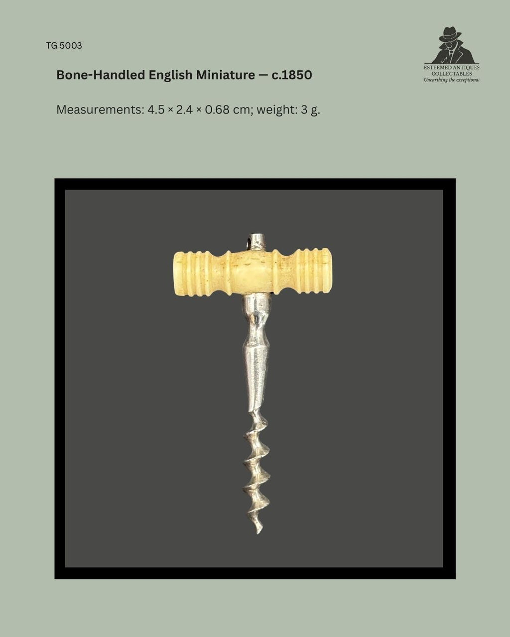 Bone-handled English miniature corkscrew, circa 1850, with a ring-turned T-handle, shaped metal shank and short open-helix worm.