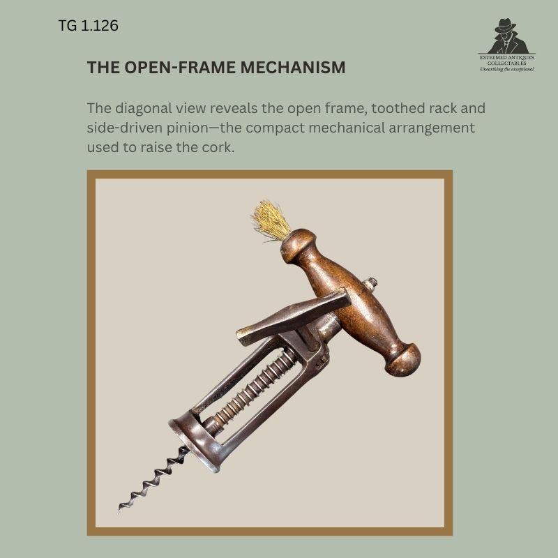 Diagonal view of an English Lund-type steel corkscrew showing the open frame, toothed rack, side-driven pinion, helical worm and turned wooden handle with integral brush.