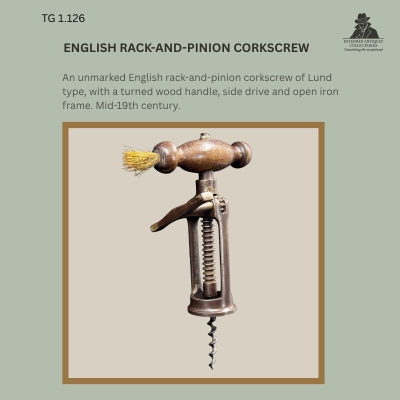 Unmarked English Lund-type rack-and-pinion corkscrew, TG 1.126, with an open iron frame, side drive, steel worm and turned wooden handle retaining its integral brush, mid-19th century.