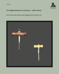 Catalogue panel showing two English miniature 19th-century direct-pull corkscrews with turned wood and bone handles, steel shanks and helical worms.