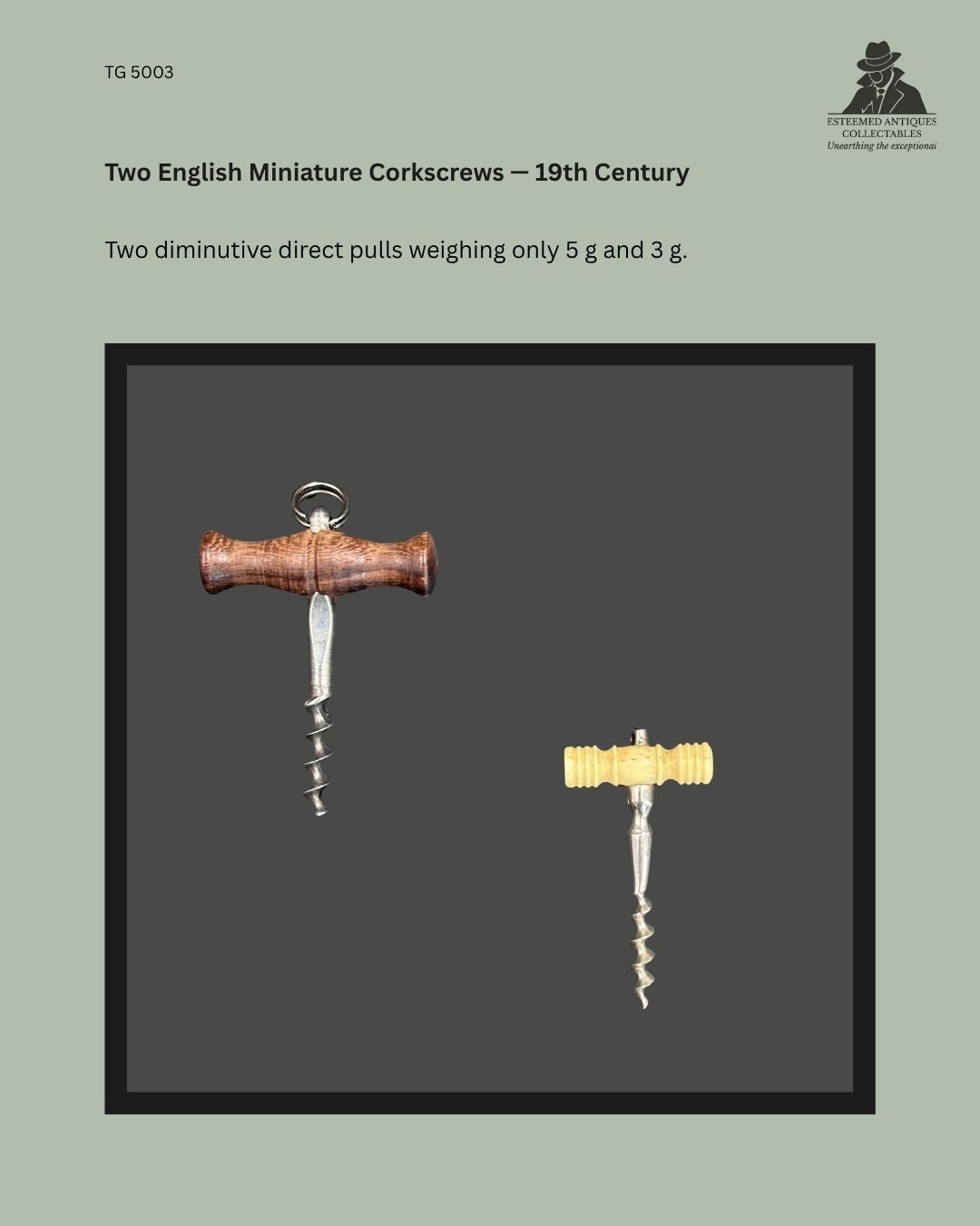 Catalogue panel showing two English miniature 19th-century direct-pull corkscrews with turned wood and bone handles, steel shanks and helical worms.