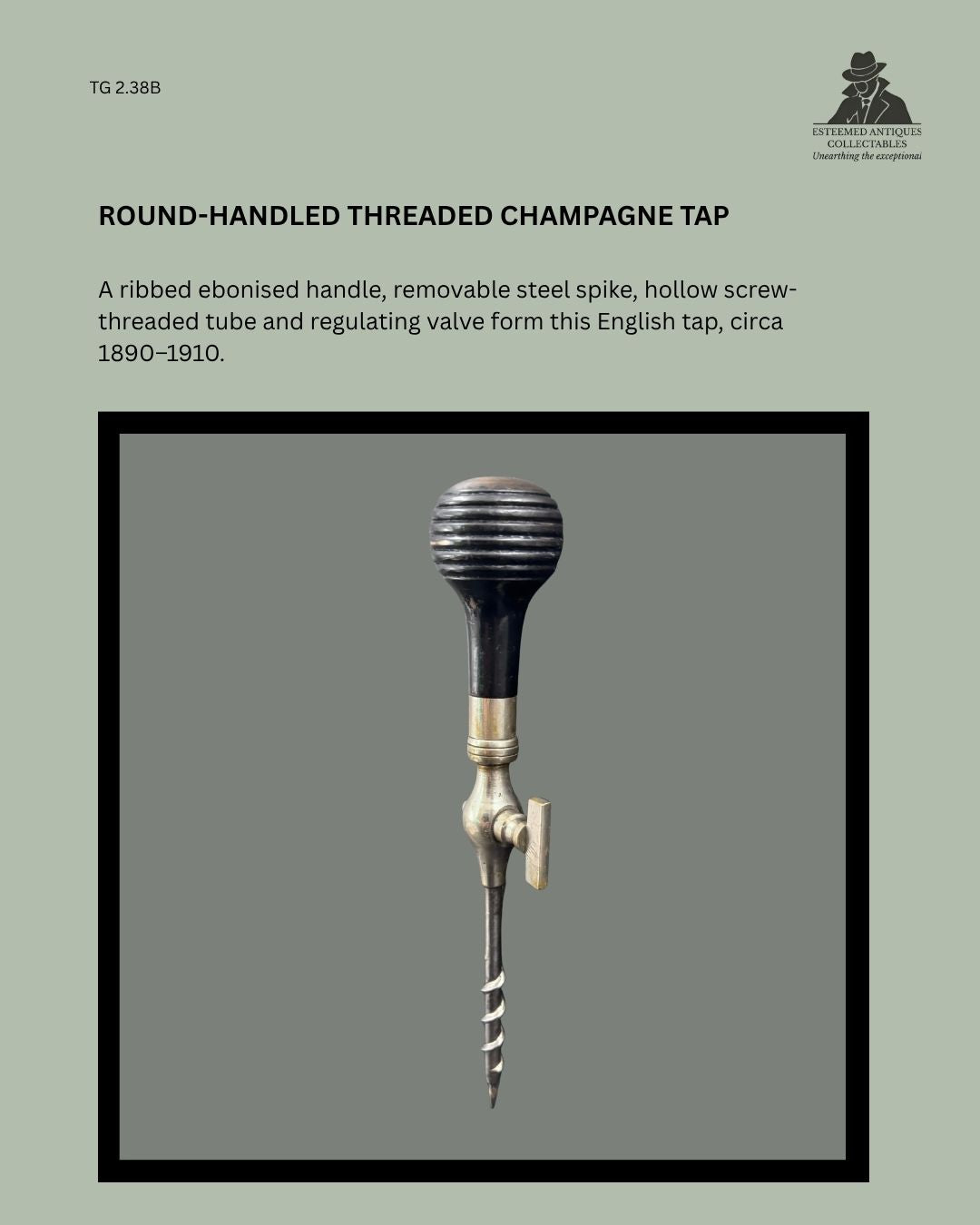 Catalogue panel showing English champagne tap TG 2.38B with ribbed ebonised round handle, metal body, regulating valve and hollow screw-threaded tube, circa 1890–1910.