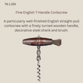 Late Victorian English straight-pull corkscrew with a finely turned wooden T-handle, decorative steel shank, grooved wire worm and retained brush.