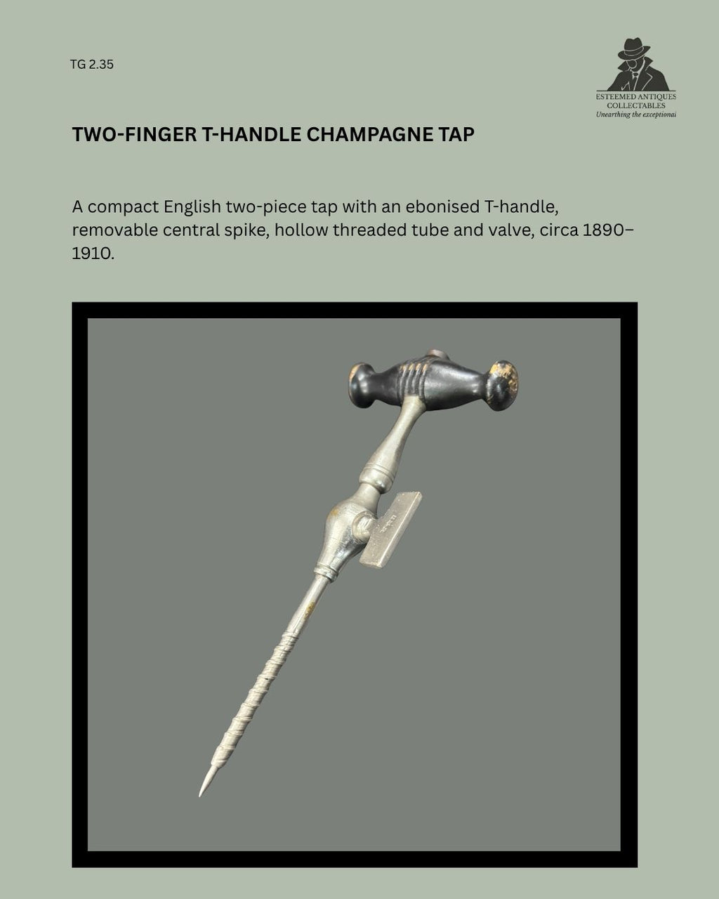 Catalogue panel showing TG 2.35, a compact English nickel-plated brass champagne tap with ebonised two-finger T-handle, central spike, threaded tube, valve and H star R mark, circa 1890–1910.