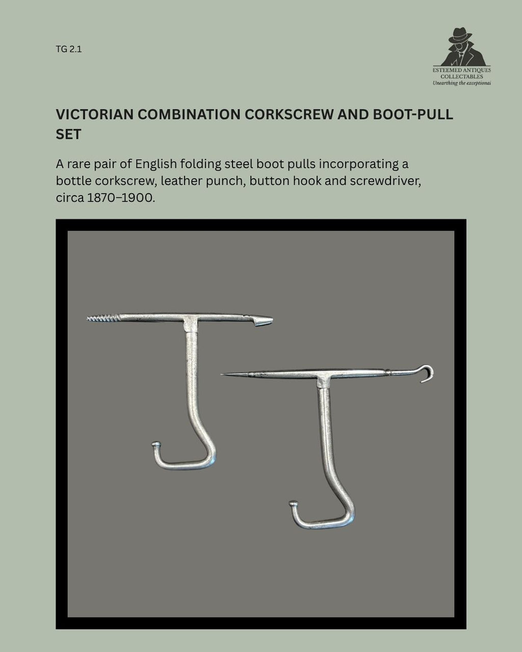 Catalogue panel showing a pair of English Victorian folding steel boot pulls opened to display an integrated solid-worm corkscrew, leather punch, button hook and screwdriver, circa 1870–1900.