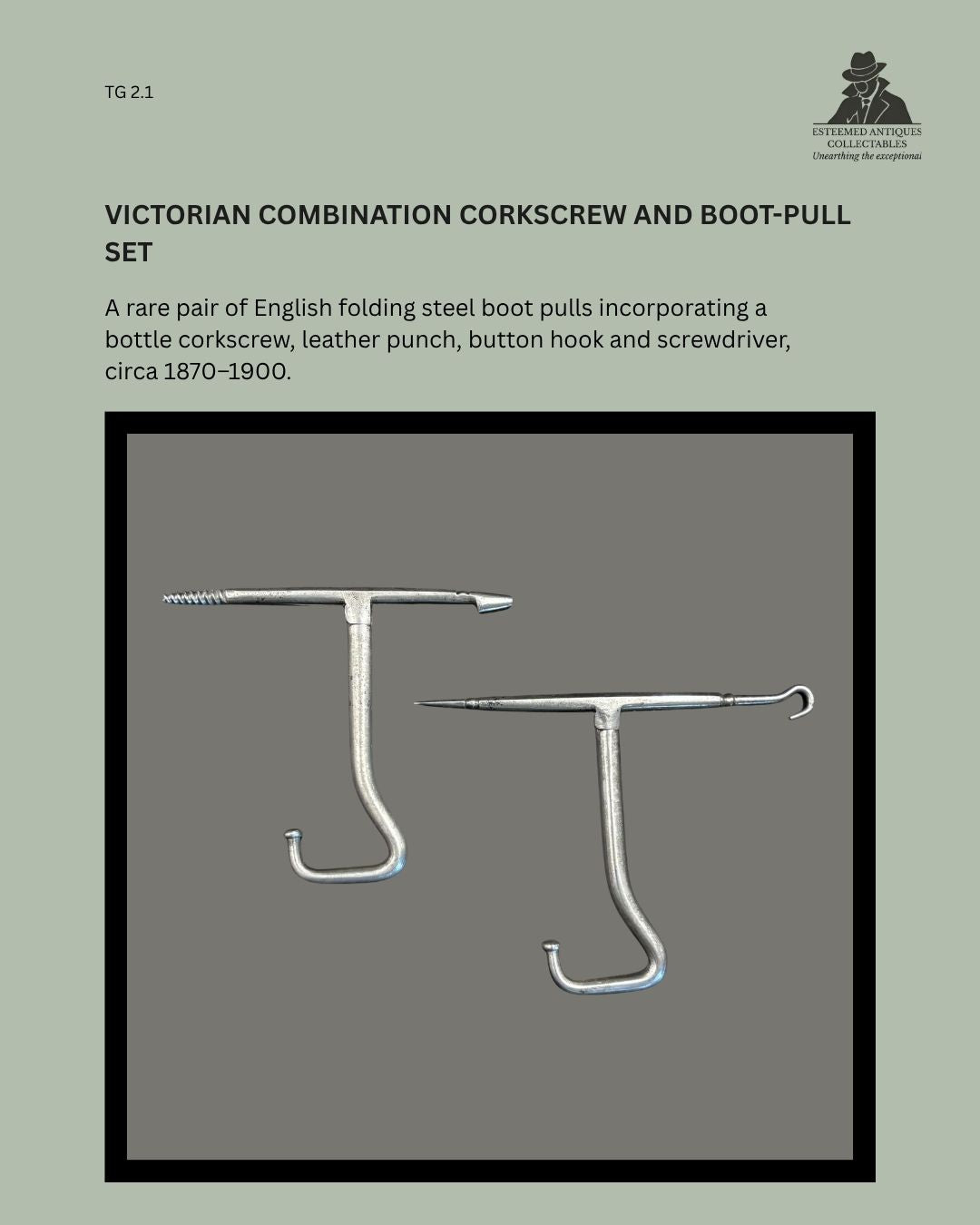 Catalogue panel showing a pair of English Victorian folding steel boot pulls opened to display an integrated solid-worm corkscrew, leather punch, button hook and screwdriver, circa 1870–1900.
